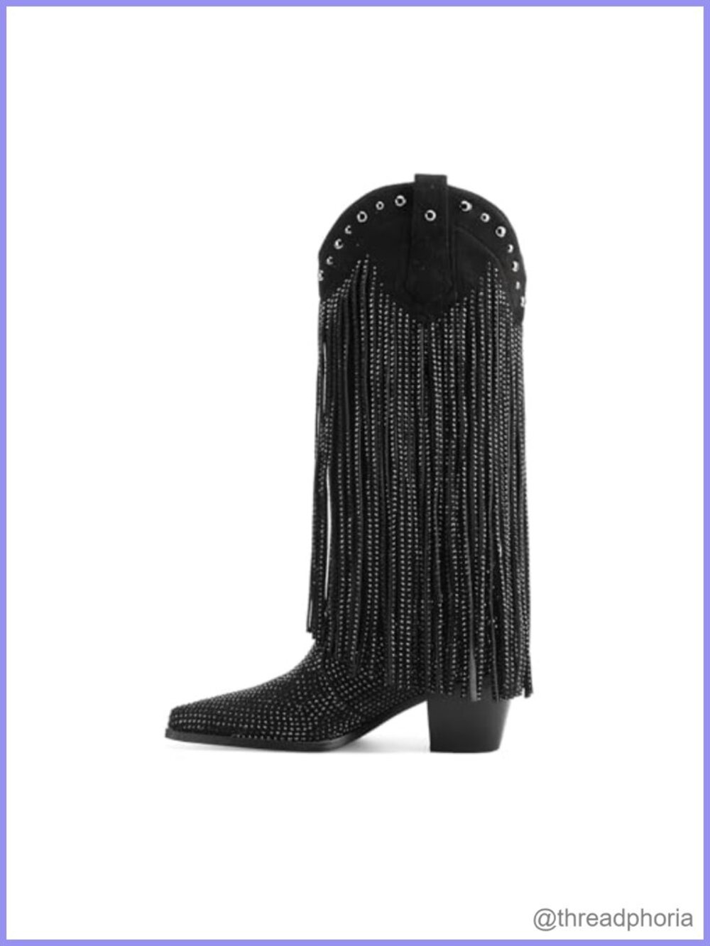 Rhinestone Fringe Western Cowboy Boots Pointed Toe Chunky Heel Faux Leather